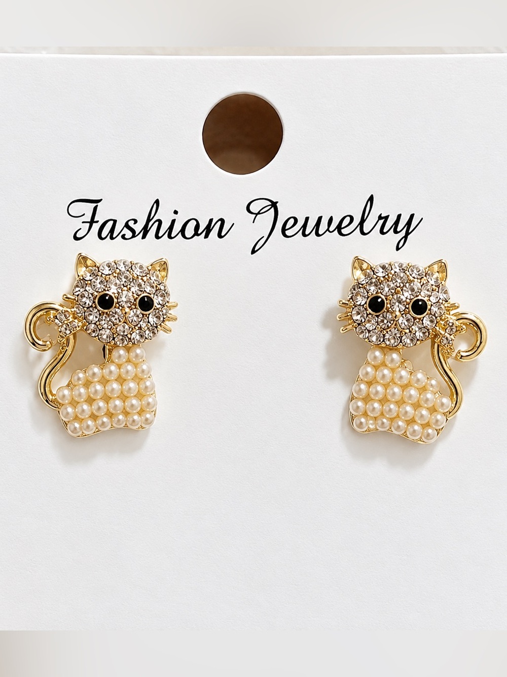 🐱 PEARL & RHINESTONE CAT STUD EARRINGS GOLD TONE